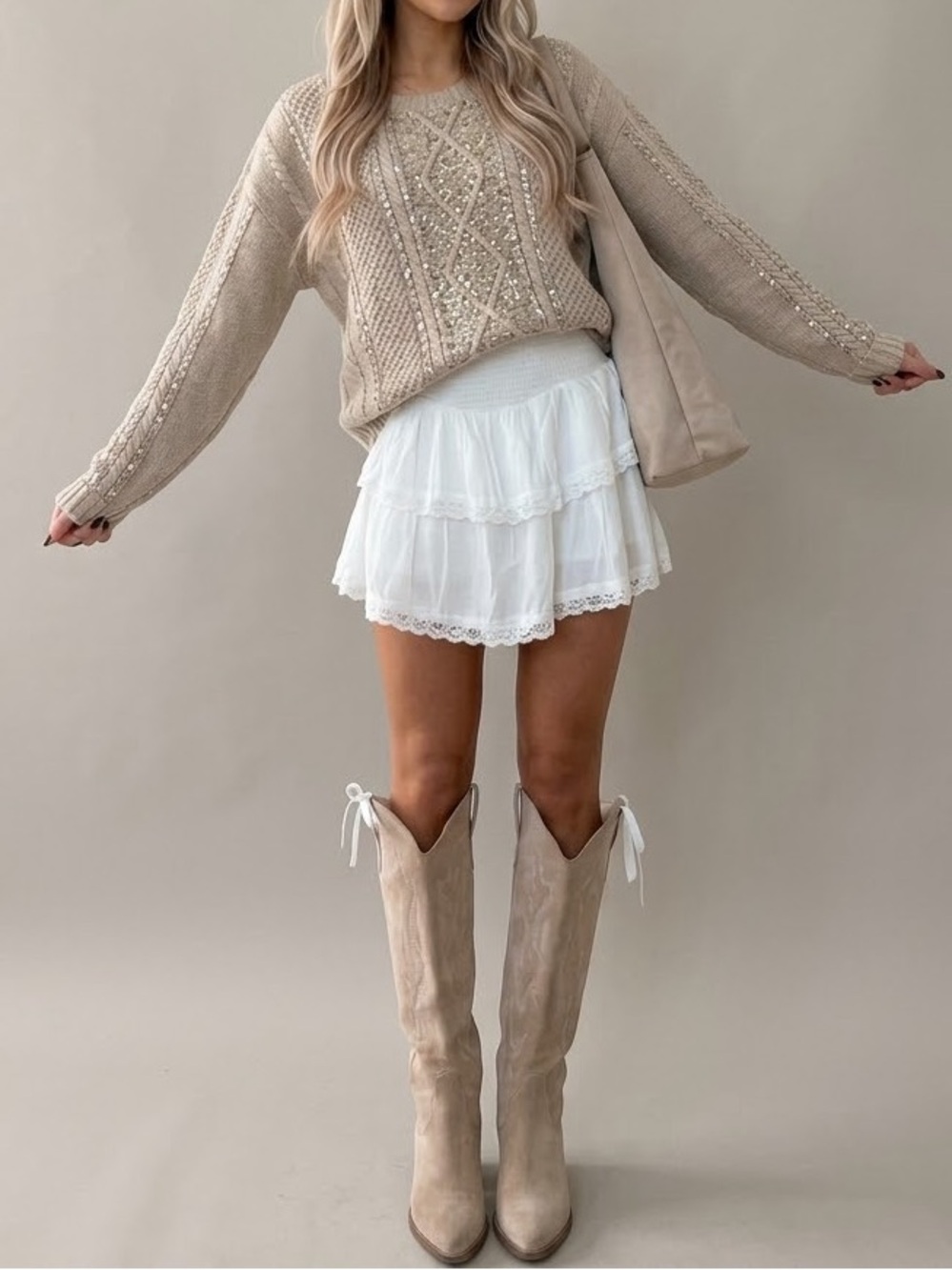 Haute Hippie Wool Alpaca Blend Sequin Cable Knit Sweater Beige L